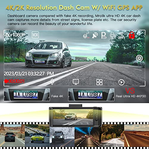 4K Ön ve Arka WiFi Dash Cam, Araçlar için 2160P 30fps Dash Kamera GPS Uygulamalı Araç Kamerası Ücretsiz 64GB Kartlı, Gece Görüşü 24 Saat Park Modu G-Sensör Döngü Kaydı WDR'li Dashcam - 2