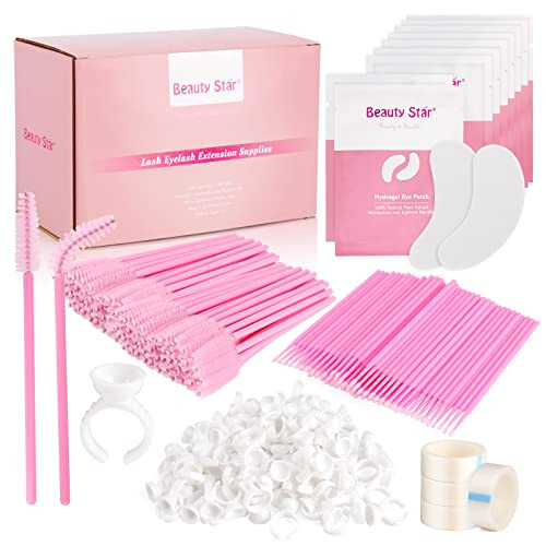 4x100 Lash Tech Stuff Supplies Kit, Beauty Star Eyelash Extension Supply Essentials, 100 Pairs Under Eye Gel Pads, 100 Mascara wands, 100 Micro Applicators Brush, 100 Glue Ring Holder, 4 Lashing Tape - 1