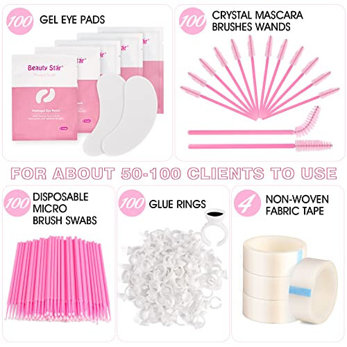 4x100 Lash Tech Stuff Supplies Kit, Beauty Star Eyelash Extension Supply Essentials, 100 Pairs Under Eye Gel Pads, 100 Mascara wands, 100 Micro Applicators Brush, 100 Glue Ring Holder, 4 Lashing Tape - 2