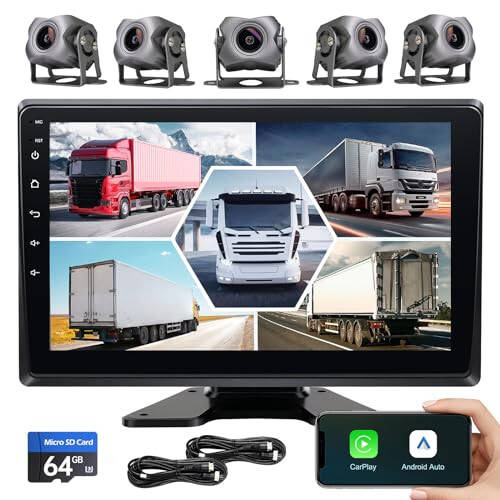 5-Channel 1080P Backup Camera Dash Cam with 9'' Monitor Android.11 System, DVR Recording Back Up Camera for RV/Truck/Van/Trailer/SUV Cars, Car Stereo with Wireless CarPlay/Android Auto/BT/FM radio/WiFi - 1