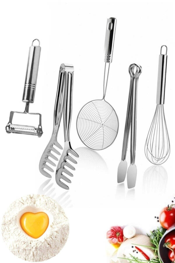 5-Piece Kitchen Metal Peeler Whisk Tongs Colander Ladle Practical Kitchen Utensil Set for Food Preparation - 8