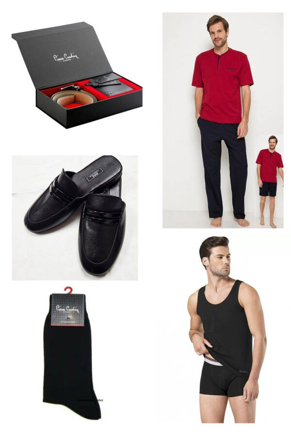 5-Piece Men's Gift Set: Pajama Set & Shorts Tank Top Boxer Socks - Belt Wallet Set and Slippers H - 31