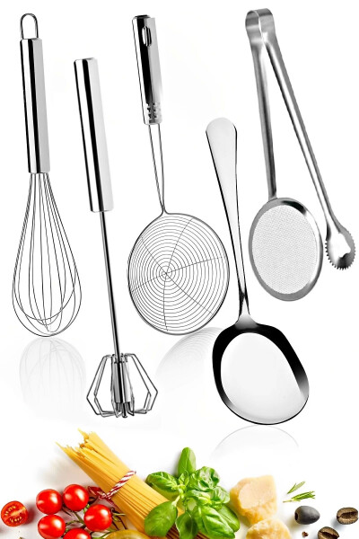 5-Piece Practical Kitchen Butter Knife, Push-Button Steel Wire Egg Whisk, Metal Colander Serving Spoon - 6