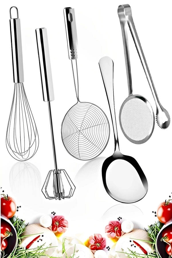 5-Piece Practical Kitchen Butter Knife, Push-Button Steel Wire Egg Whisk, Metal Colander Serving Spoon - 7