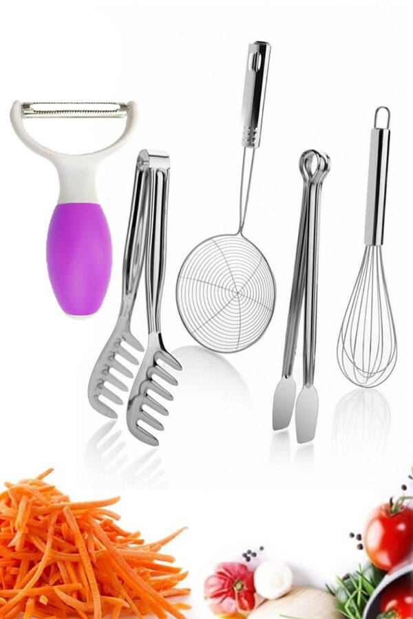 5 Piece Practical Kitchen Utensil Set Peeler Wire Whisk Grill Tongs Pasta Tongs Luxury Steel Colander - 8