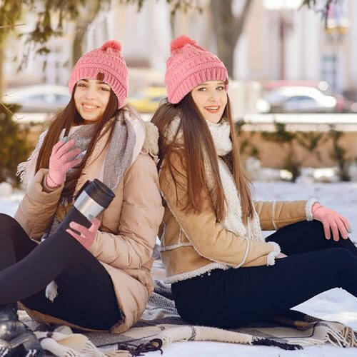 5 Pieces Women Winter Ski Outing Set, Knit Hat Scarf Gloves Earmuffs Stockings - 5