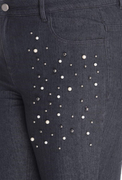 5 Pocket Denim Pants with Pearl Detail - 5