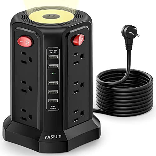 5 ta USB portli va tungi chiroq bilan himoya qiluvchi priz minorasi, 12 ta AC ko'p qirrali rozetkalari bo'lgan 10FT uzaytirish kabeli, PASSUS quvvat minorasi ortiqcha yukdan himoya qilish, uy ofisi yotoqxonasi uchun zaruriy narsalar (qora) - 1