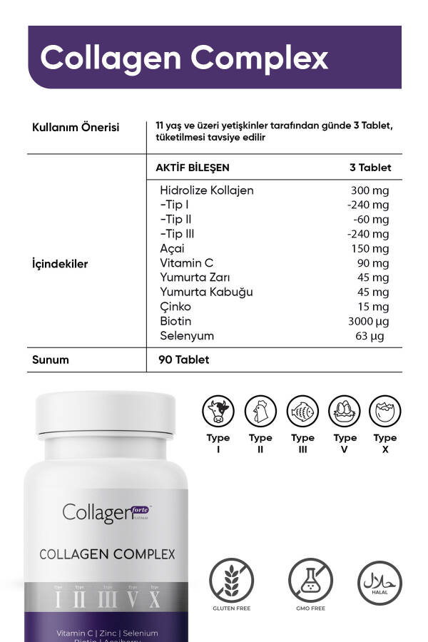 5 Tip Kolajen Kompleksi Tip 1,2,3,5 ve Tip 10 Biyotin, Çinko, Selenyum, C Vitamini & Açaí, 90 Tablet - 19