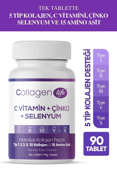 5 Tip Kolajen Tip 1, Tip 2, Tip 3, Tip 5, Tip 10, (Selenyum, C Vitamini ve Çinko) 90 Tablet - 6