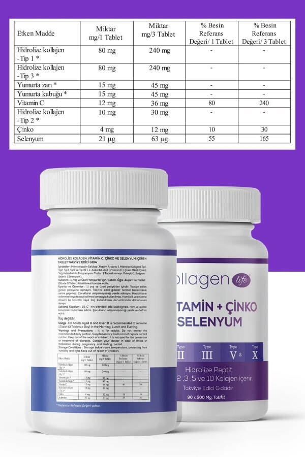 5 Turdagi Kollagen 1-tur, 2-tur, 3-tur, 5-tur, 10-tur, Selen, C Vitamini va Sink 90 Tablet - 4