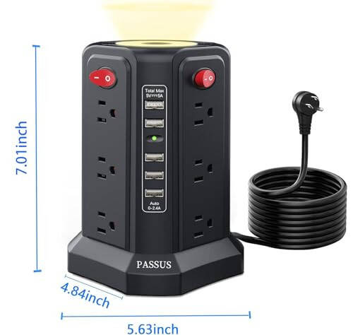 5 USB Portlu ve Gece Lambası ile Surge Protector Priz Kulesi, 12 AC Çıkışlı 10FT Uzatma Kablosu, PASSUS Güç Kulesi Aşırı Yük Koruma, Ev Ofis Yurt Odası Gereçleri (Siyah) - 8