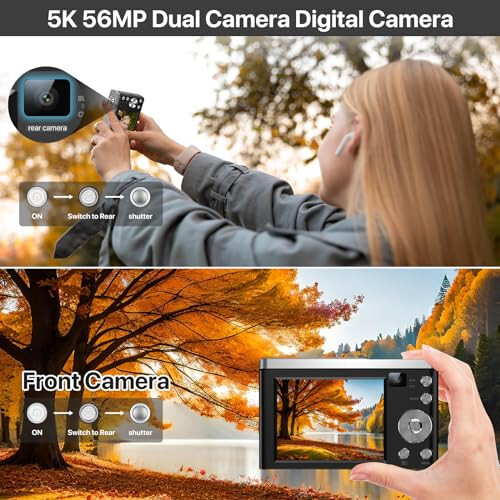 56MP 5K Dijital Kamera 10X Optik Zoom, Ön ve Arka Çift Kamera 2.8'' IPS Dokunmatik Ekran, 64G Mikro Kartlı Video Vlogging Kameraları, Kompakt Odakla ve Çek Kameralar - 4