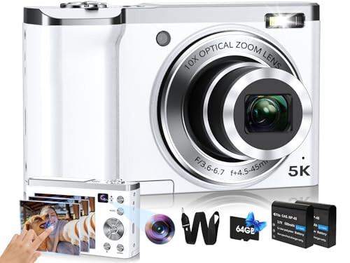 5K Digital Camera 2024 Upgraded 56MP Cameras for Photography with Front and Rear Lens,Touch Screen & 10X Optical Zoom,6-Axis Anti-Shake,Autofocus Vlogging Compact Camera with 64GB SD Card,2 Batteries - 1