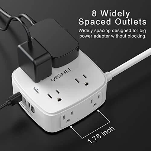 6 Fitlik Akım Koruyucu Priz - 8 Geniş Çıkışlı ve 4 USB Portlu, 3 Yan Çıkışlı Uzatma Kablolu, Düz Fişli, Duvara Montajlı, Masaüstü USB Şarj İstasyonu, ETL, Beyaz - 3