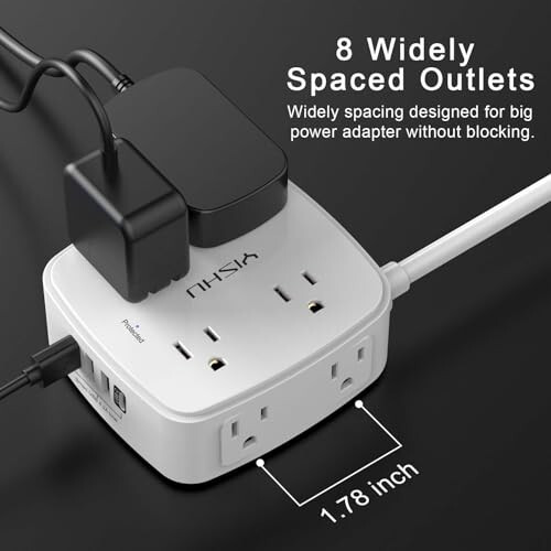 6 Fitlik Akım Koruyucu Priz - 8 Geniş Çıkışlı ve 4 USB Portlu, 3 Yan Çıkışlı Uzatma Kablolu, Düz Fişli, Duvara Montajlı, Masaüstü USB Şarj İstasyonu, ETL, Beyaz - 6