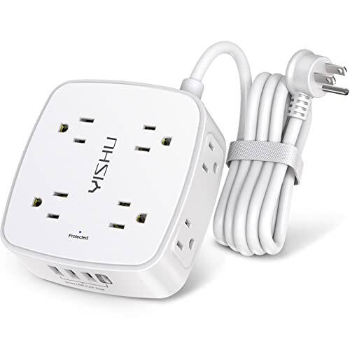 6 Ft Surge Protector Power Strip - 8 Widely Outlets with 4 USB Ports, 3 Side Outlet Extender with 6 Feet Extension Cord, Flat Plug, Wall Mount, Desk USB Charging Station, ETL, White - 1