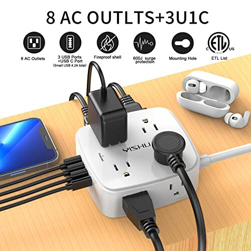 6 Ft Surge Protector Power Strip - 8 Widely Outlets with 4 USB Ports, 3 Side Outlet Extender with 6 Feet Extension Cord, Flat Plug, Wall Mount, Desk USB Charging Station, ETL, White - 2