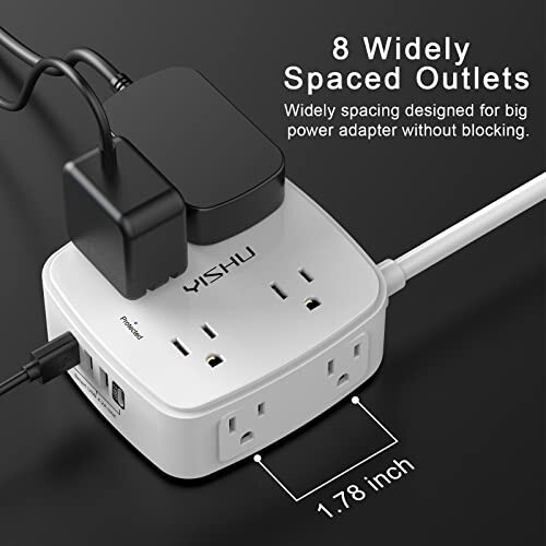 6 Ft Surge Protector Power Strip - 8 Widely Outlets with 4 USB Ports, 3 Side Outlet Extender with 6 Feet Extension Cord, Flat Plug, Wall Mount, Desk USB Charging Station, ETL, White - 3