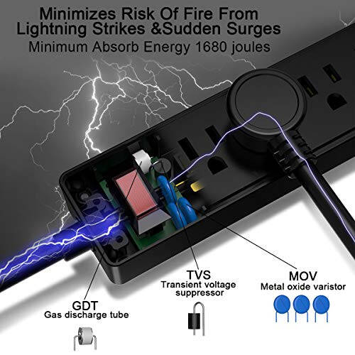 6 futlik elektr uzatgich-himoyachi - Yintar 6 ta AC rozetka va 3 ta USB portli, uy, ofis, yotoqxona uchun zaruriy buyumlar, 1680 Joule, ETL tomonidan tasdiqlangan, (qora) - 5