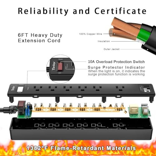6 futlik elektr uzatgich-himoyachi - Yintar 6 ta AC rozetka va 3 ta USB portli, uy, ofis, yotoqxona uchun zaruriy buyumlar, 1680 Joule, ETL tomonidan tasdiqlangan, (qora) - 6