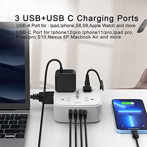 6 futlik to'siqchi elektr tarmog'i - 8 keng chiqishli va 4 USB portli, 3 yon chiqishli uzatma simli, tekis vilkali, devorga o'rnatiladigan, stol usti USB zaryadlash stantsiyasi, ETL, oq - 9