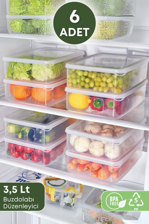 6 Pack 3.5 Liter Refrigerator Organizer Storage Containers - Freezer and Microwave Safe - 1