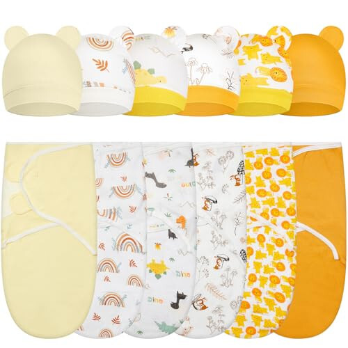 6 Pack Baby Swaddle Blanket with Hats Set for 0-3 Months Preemie Newborn Sacks Soft Cotton Wearable for Baby Boy and Girl (Yellow,Rainbow) - 31