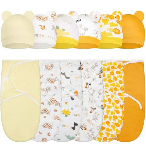 6 Pack Baby Swaddle Blanket with Hats Set for 0-3 Months Preemie Newborn Sacks Soft Cotton Wearable for Baby Boy and Girl (Yellow,Rainbow) - 13