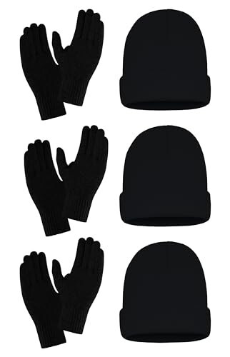 6-Pack Winter Knit Beanies Gloves Set, Stretchy Unisex Men Women Toboggan Skull Cap - 1