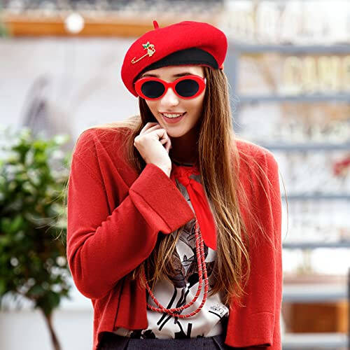 6 Pcs French Red Beret Hat Set Women Girls French Themed Party Accessories Retro Chiffon Scarf Oval Sunglasses Gloves Alloy Brooch for Costume Accessories - 3