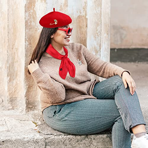 6 Pcs French Red Beret Hat Set Women Girls French Themed Party Accessories Retro Chiffon Scarf Oval Sunglasses Gloves Alloy Brooch for Costume Accessories - 7