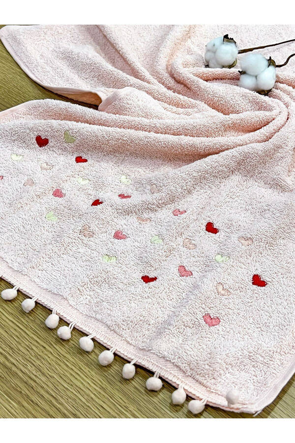 6 Piece Heart Embroidered Pom Pom Bridal Set 50x90 Hand and Face Towel - 5