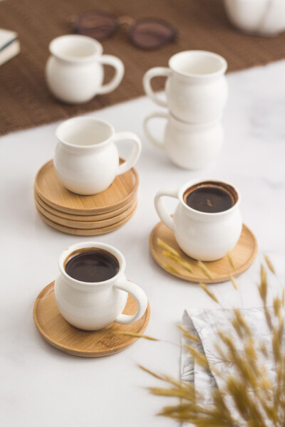 6 Piece Porcelain Coffee Cup Set with Bamboo Saucers - 9