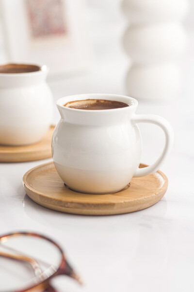 6 Piece Porcelain Coffee Cup Set with Bamboo Saucers - 12