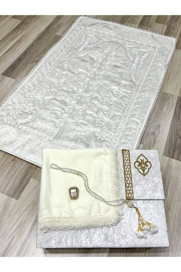 6 piece velvet prayer rug set, dowry chest with bride and groom set. - 4