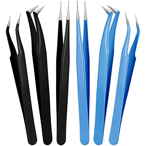 6 Pieces Eyelash Extension Tweezers Lash Tweezers Set Stainless Steel Straight and Curved Tip Tweezers Precision Eyebrow Tweezers Nippers for Eyebrow Hair (Black, Blue) - 1