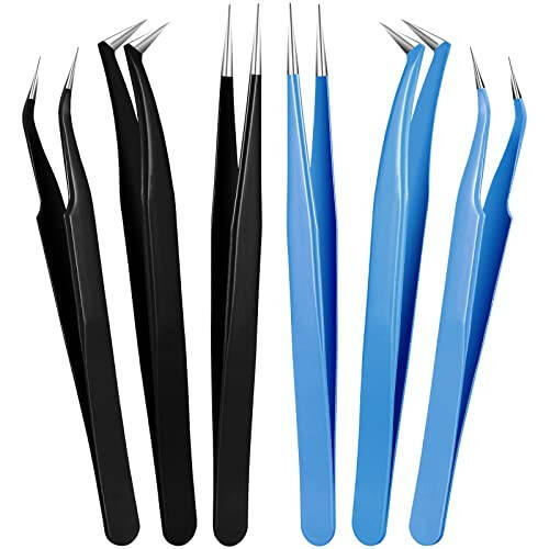 6 Pieces Eyelash Extension Tweezers Lash Tweezers Set Stainless Steel Straight and Curved Tip Tweezers Precision Eyebrow Tweezers Nippers for Eyebrow Hair (Black, Blue) - 1