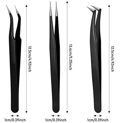 6 Pieces Eyelash Extension Tweezers Lash Tweezers Set Stainless Steel Straight and Curved Tip Tweezers Precision Eyebrow Tweezers Nippers for Eyebrow Hair (Black, Blue) - 2