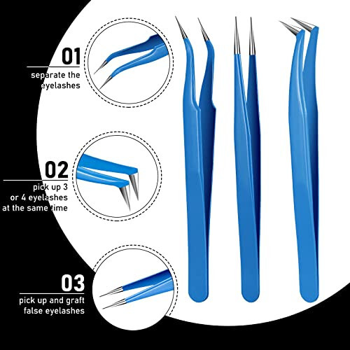 6 Pieces Eyelash Extension Tweezers Lash Tweezers Set Stainless Steel Straight and Curved Tip Tweezers Precision Eyebrow Tweezers Nippers for Eyebrow Hair (Black, Blue) - 3