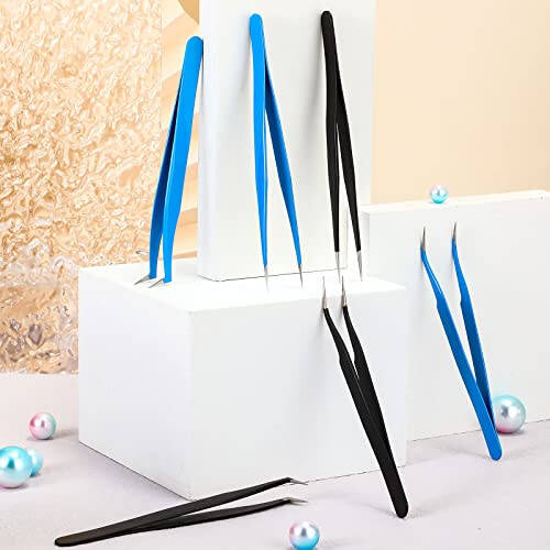 6 Pieces Eyelash Extension Tweezers Lash Tweezers Set Stainless Steel Straight and Curved Tip Tweezers Precision Eyebrow Tweezers Nippers for Eyebrow Hair (Black, Blue) - 7