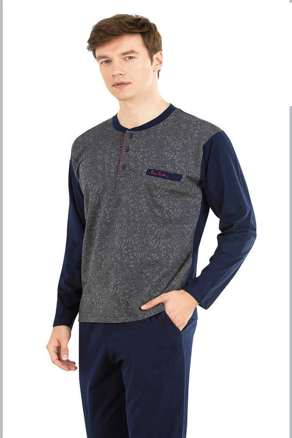 6025 Men's Navy Jacquard Long Sleeve Pajama Set - 1