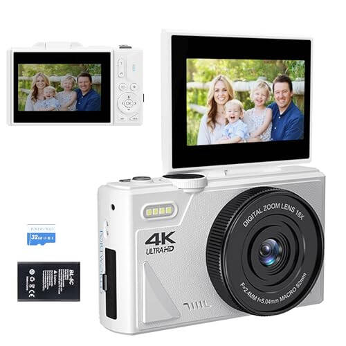 64MP Digital Camera for Photography and Video: 4K Vlogging Camera for YouTube with 3’’ Flip Screen, 18X Digital Zoom, 32GB TF Card (White) - 1