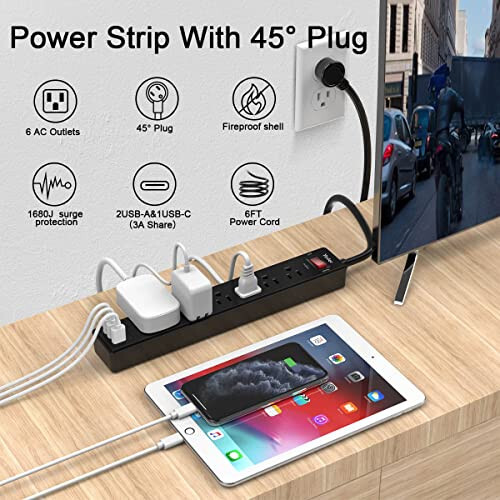 6Ft Power Strip Surge Protector - Yintar Extension Cord with 6 AC Outlets and 3 USB Ports for Home, Office, Dorm Essentials, 1680 Joules, ETL Listed, (Black) - 2