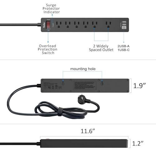 6Ft Power Strip Surge Protector - Yintar Extension Cord with 6 AC Outlets and 3 USB Ports for Home, Office, Dorm Essentials, 1680 Joules, ETL Listed, (Black) - 8