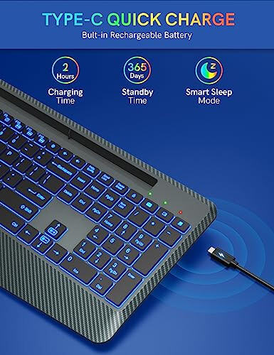 7 Renkli Arka Aydınlatmalı, Bilek Desteği, Telefon Tutucu, Şarj Edilebilir Ergonomik Bilgisayar Klavyesi Sessiz Tuşlarla, Tam Boyda Aydınlatmalı Klavye Windows, MacBook, PC, Dizüstü Bilgisayar İçin (Gri) - 4