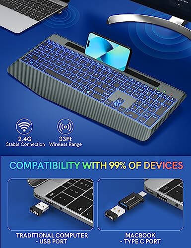 7 Renkli Arka Aydınlatmalı, Bilek Desteği, Telefon Tutucu, Şarj Edilebilir Ergonomik Bilgisayar Klavyesi Sessiz Tuşlarla, Tam Boyda Aydınlatmalı Klavye Windows, MacBook, PC, Dizüstü Bilgisayar İçin (Gri) - 5