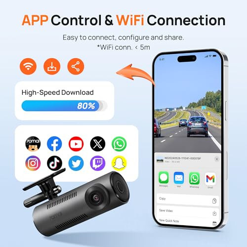 70mai Dash Cam M300, 1296P QHD, Built in WiFi Smart Dash Camera for Cars, 140° Wide-Angle FOV, WDR, Night Vision, iOS/Android Mobile App - 4