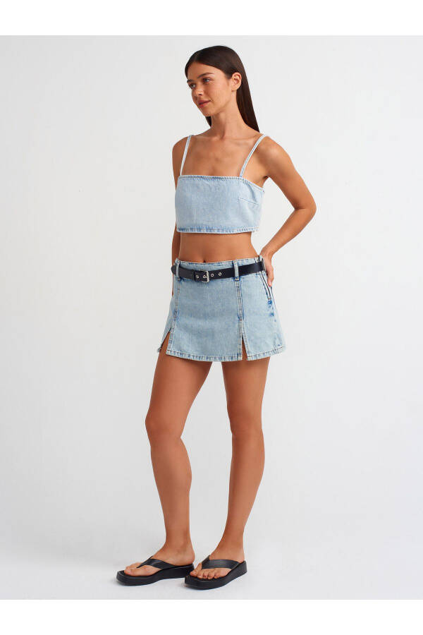 71496 Denim Short Skirt with Front Slit - Blue - 9