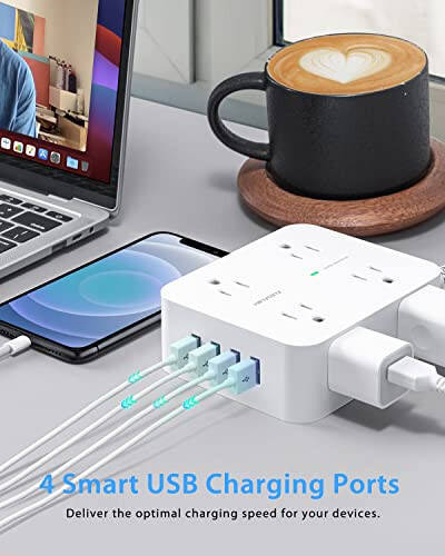 8 Çıkışlı 4 USB (2 USB C) Şarj Portlu Akım Koruyucu Priz, Çoklu Priz Uzatma Kablosu, 5Ft Örgülü Uzatma Kablosu, Düz Fişli Duvara Monte Masa USB Şarj İstasyonu Ev Ofis İçin ETL - 12